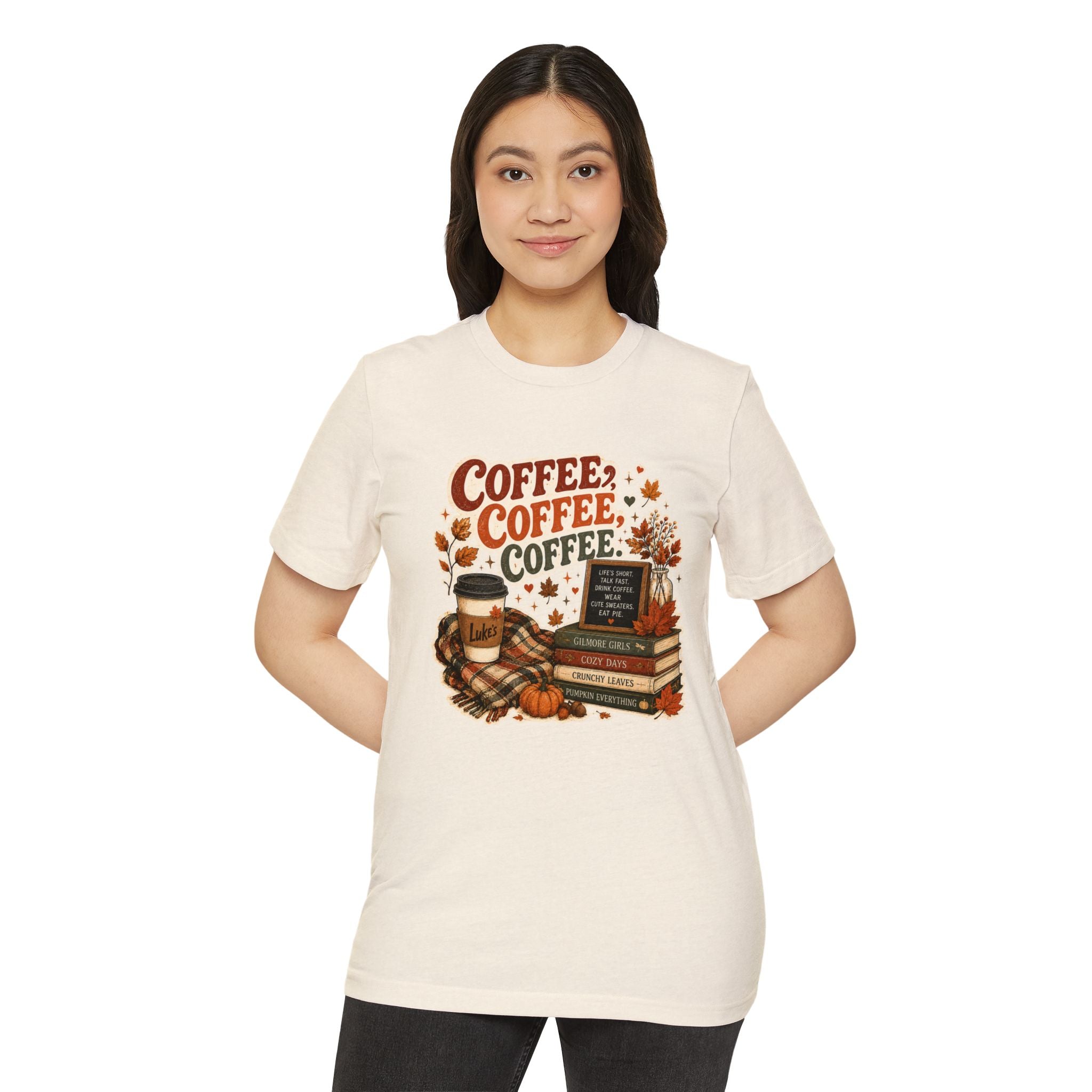 Coffee, Coffee, Coffee Fall T-Shirt — Cozy Book & Pumpkin Latte Tee