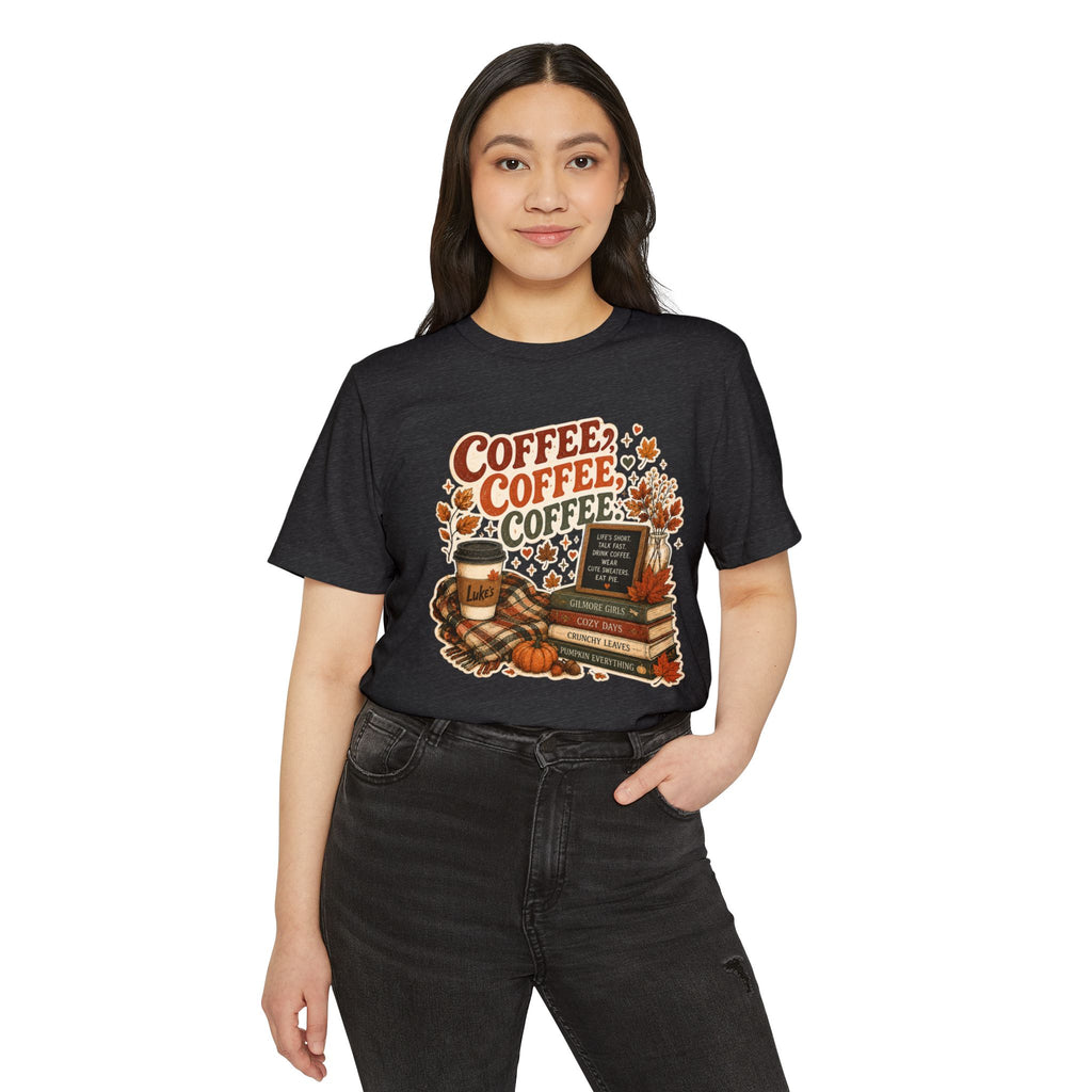 Coffee, Coffee, Coffee Fall T-Shirt — Cozy Book & Pumpkin Latte Tee