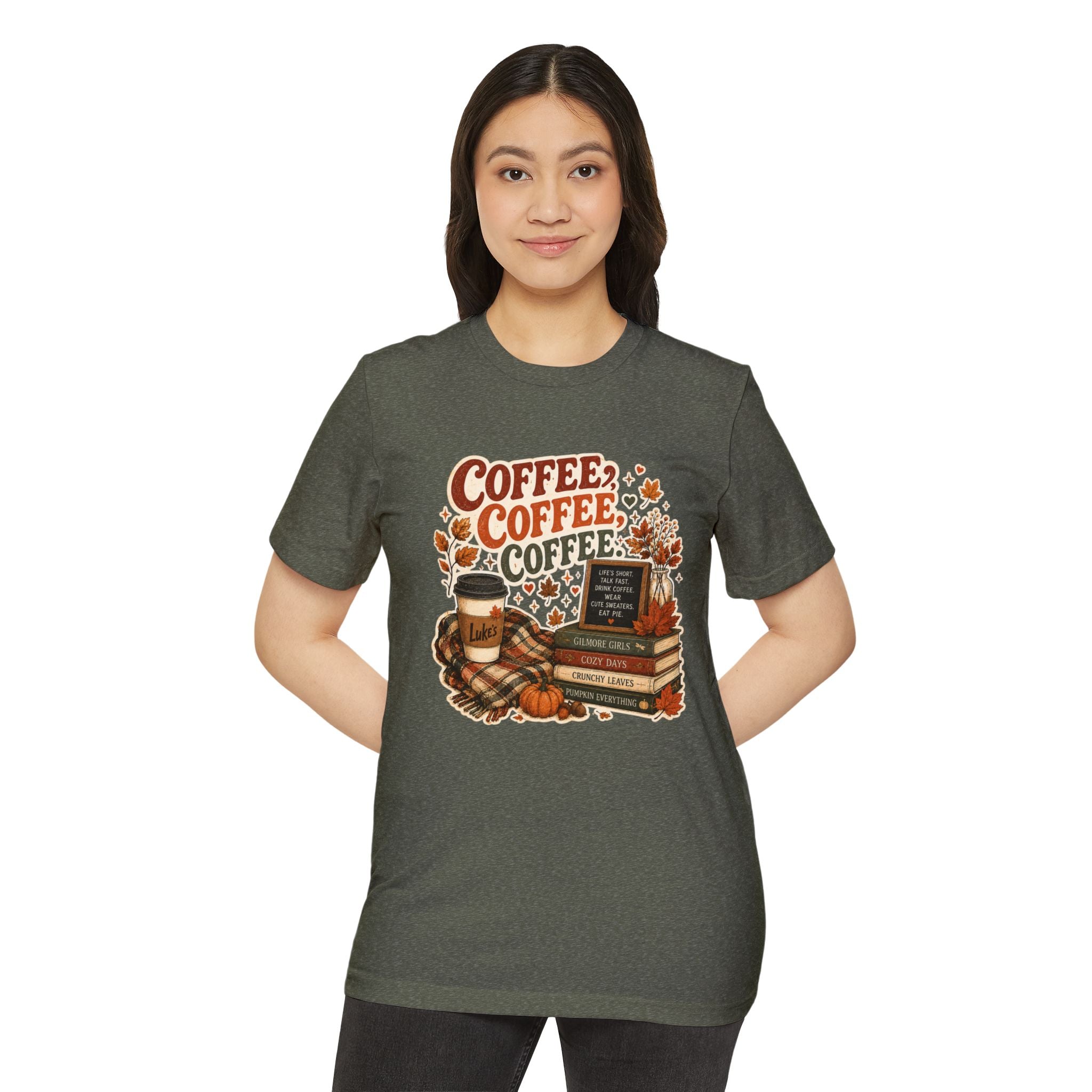 Coffee, Coffee, Coffee Fall T-Shirt — Cozy Book & Pumpkin Latte Tee