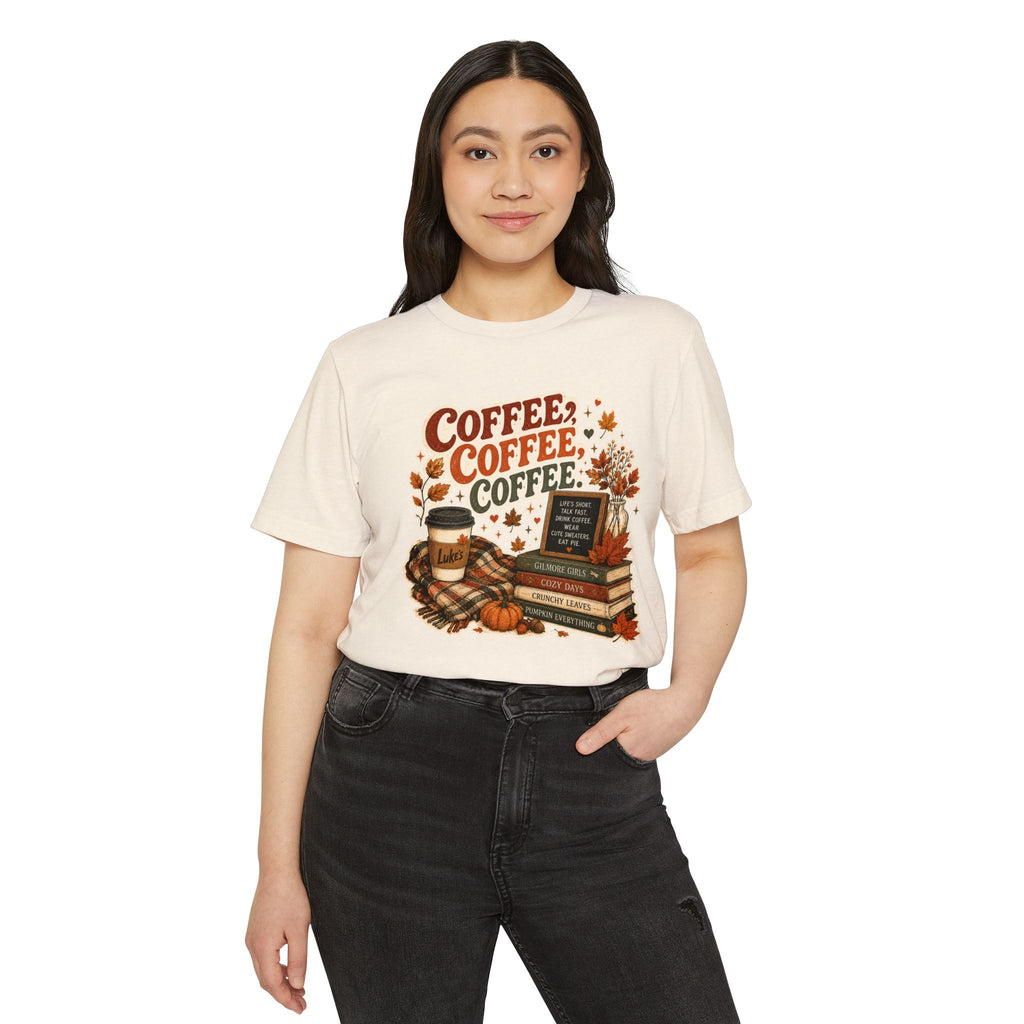 Coffee, Coffee, Coffee Fall T-Shirt — Cozy Book & Pumpkin Latte Tee