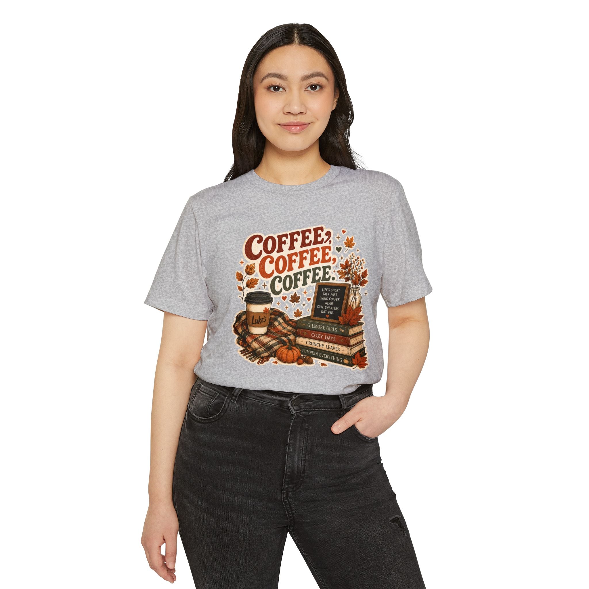 Coffee, Coffee, Coffee Fall T-Shirt — Cozy Book & Pumpkin Latte Tee