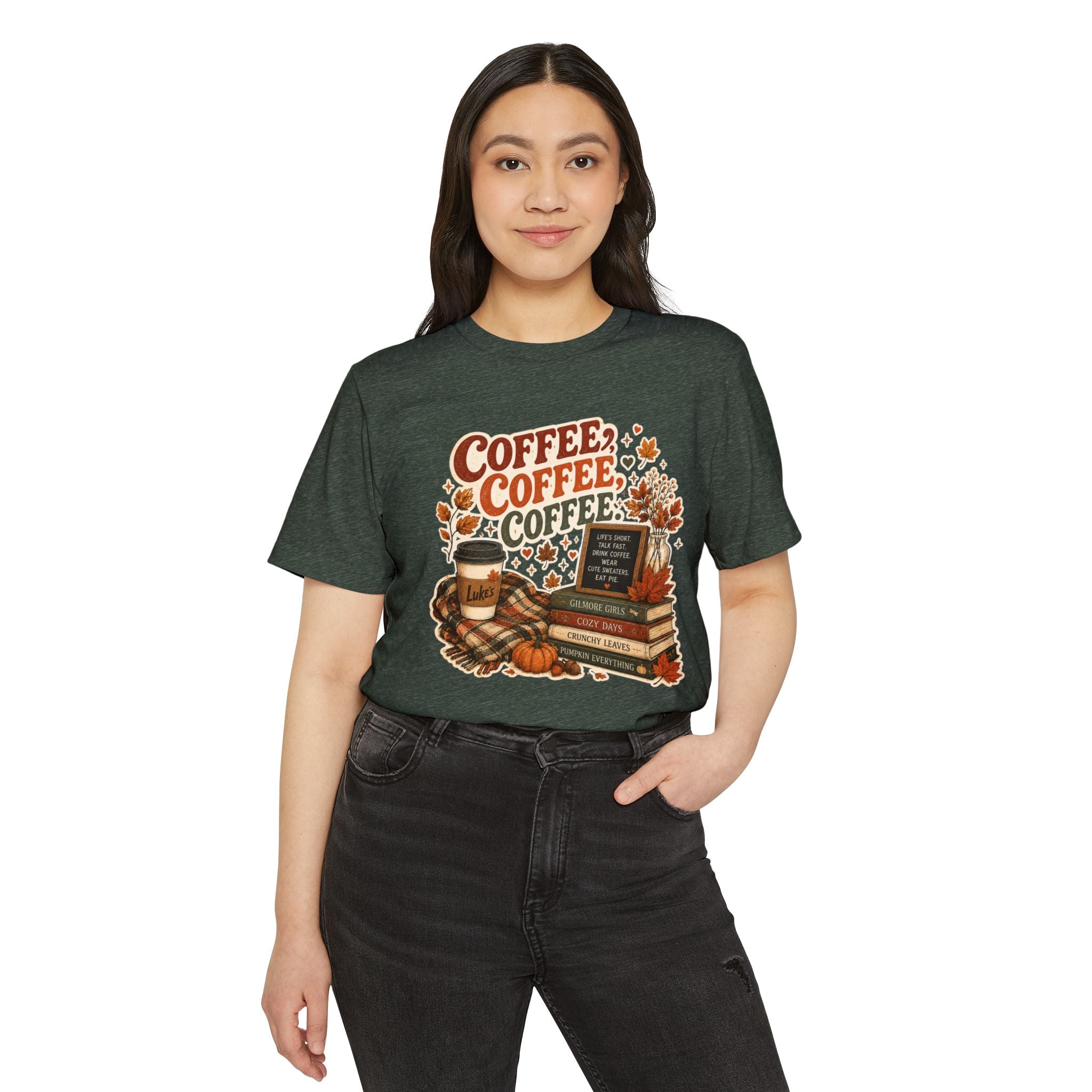 Coffee, Coffee, Coffee Fall T-Shirt — Cozy Book & Pumpkin Latte Tee