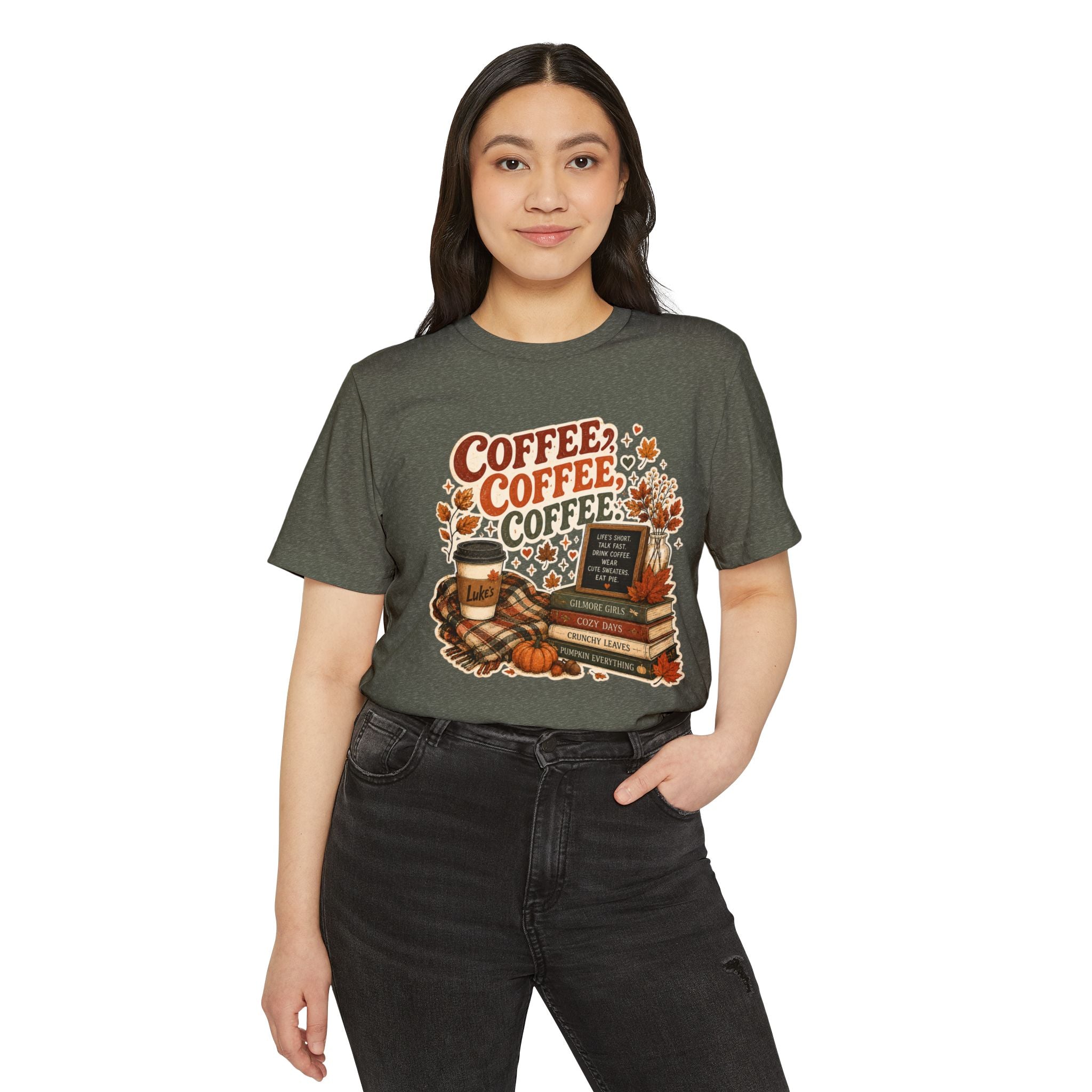 Coffee, Coffee, Coffee Fall T-Shirt — Cozy Book & Pumpkin Latte Tee