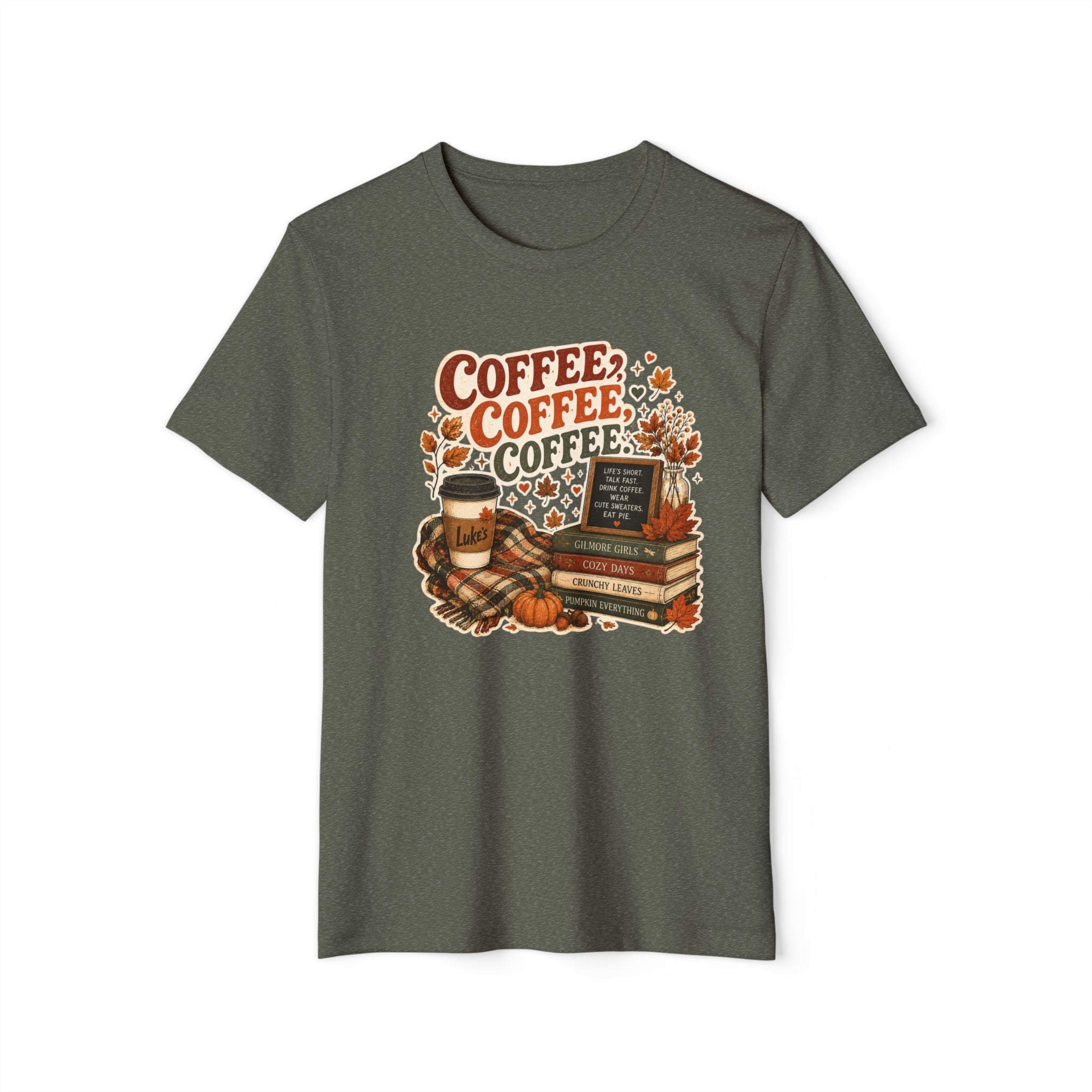 Coffee, Coffee, Coffee Fall T-Shirt — Cozy Book & Pumpkin Latte Tee