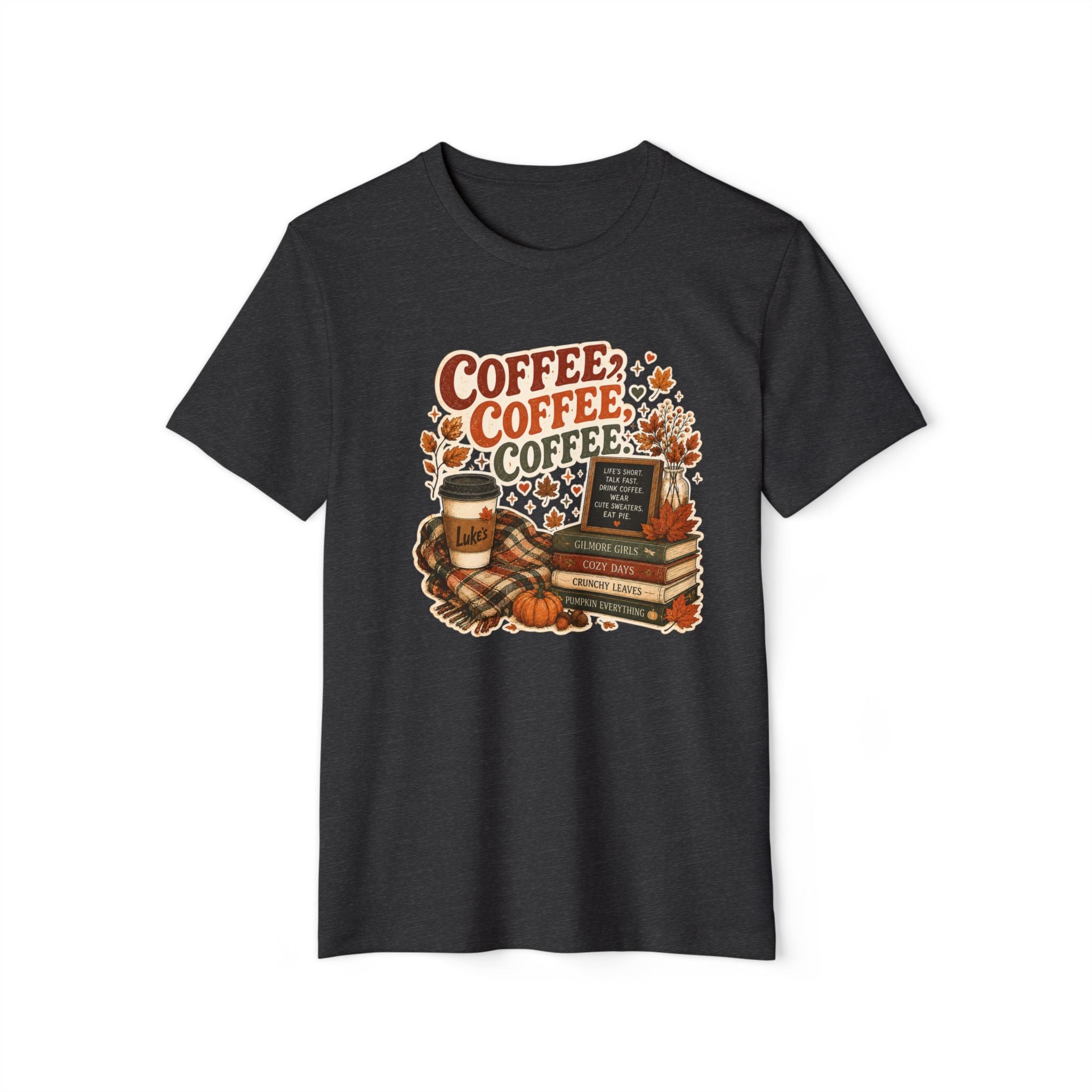 Coffee, Coffee, Coffee Fall T-Shirt — Cozy Book & Pumpkin Latte Tee