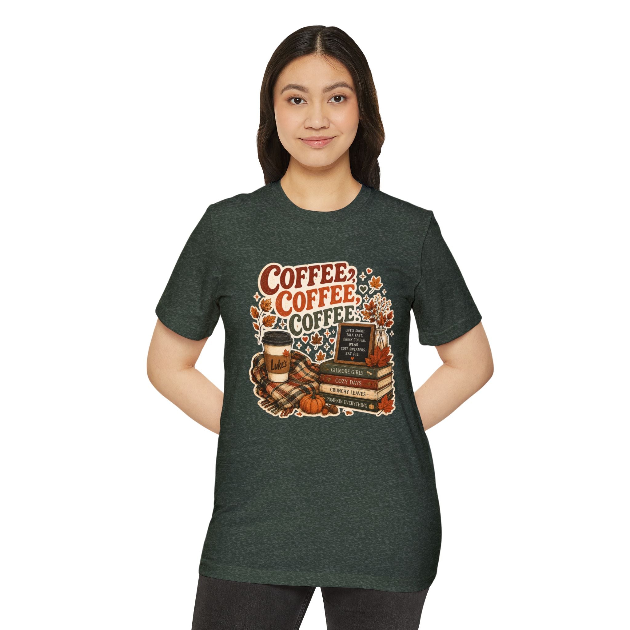 Coffee, Coffee, Coffee Fall T-Shirt — Cozy Book & Pumpkin Latte Tee