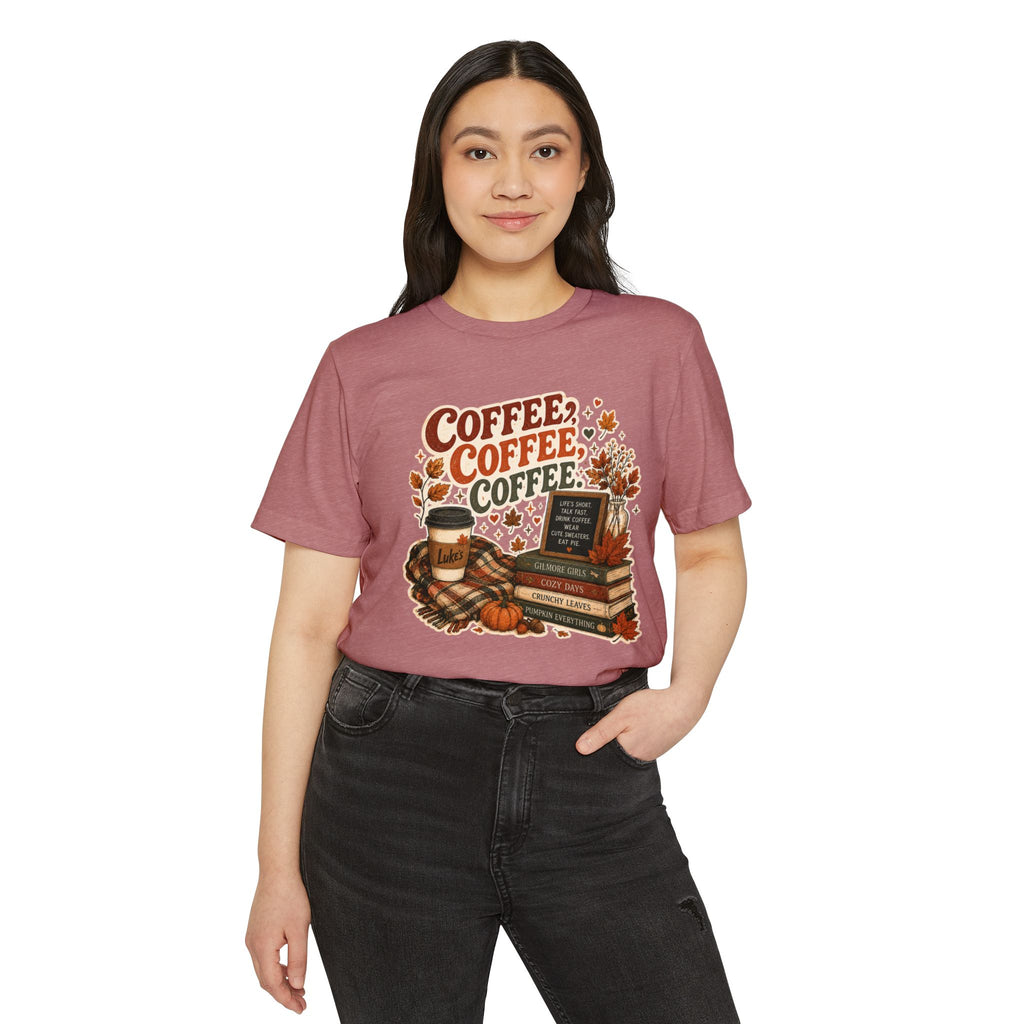 Coffee, Coffee, Coffee Fall T-Shirt — Cozy Book & Pumpkin Latte Tee