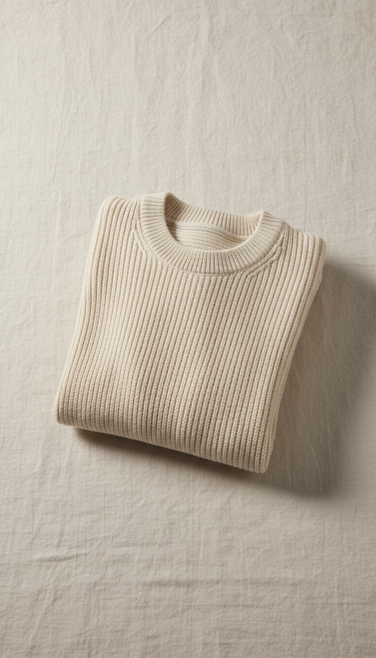 Cream Ribbed Knit Pullover